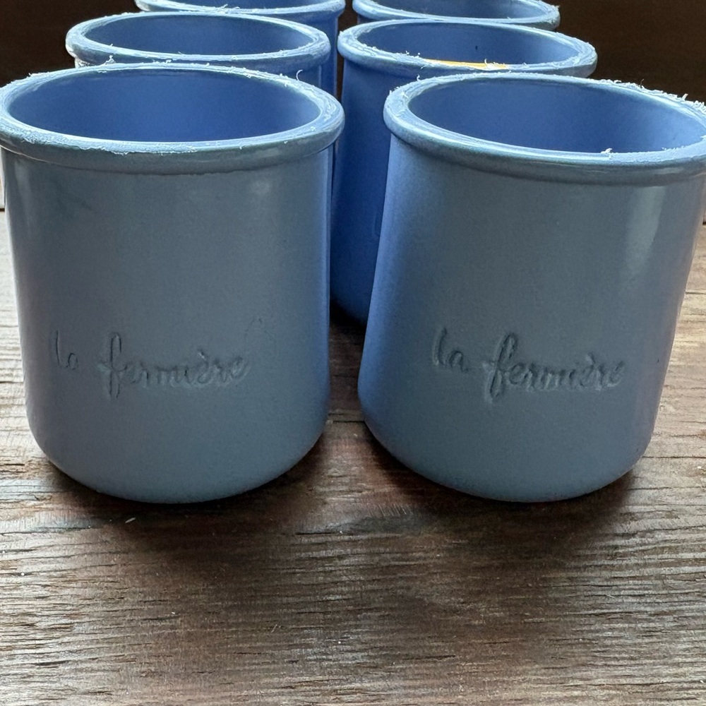 Set of 6 French La Fermiere Terra Cotta Pot Periwinkle Blue Yogurt Crock